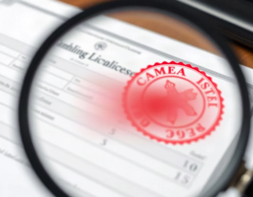 Verifying X666 license certificate with a magnifying glass, blurred text.