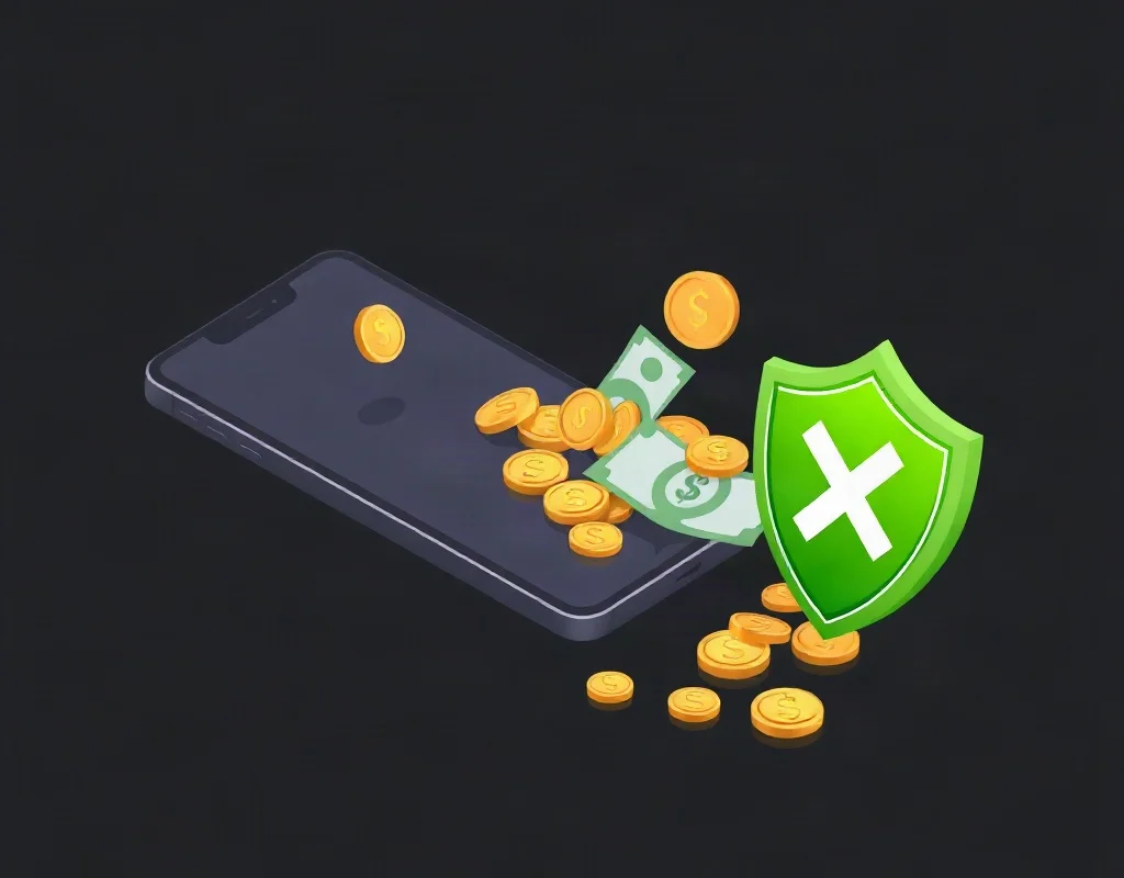 A mobile phone on a dark background with coins and notes falling, and a red cross over a shield, symbolizing a scam app