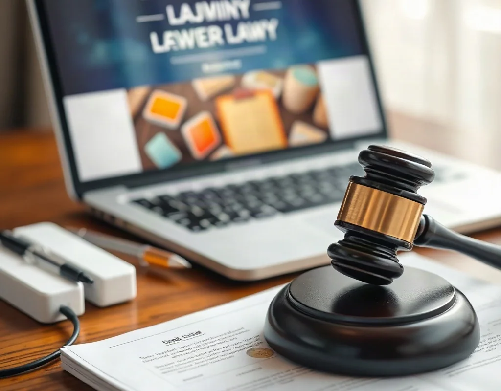 A gavel and legal books on a desk with a laptop in the background, suggesting legality issues