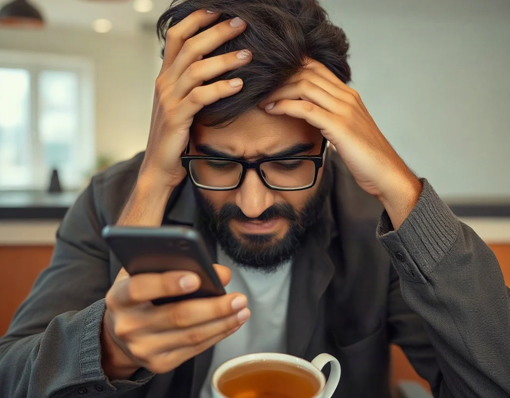 A man holding a phone and looking stressed, sitting at a table with tea