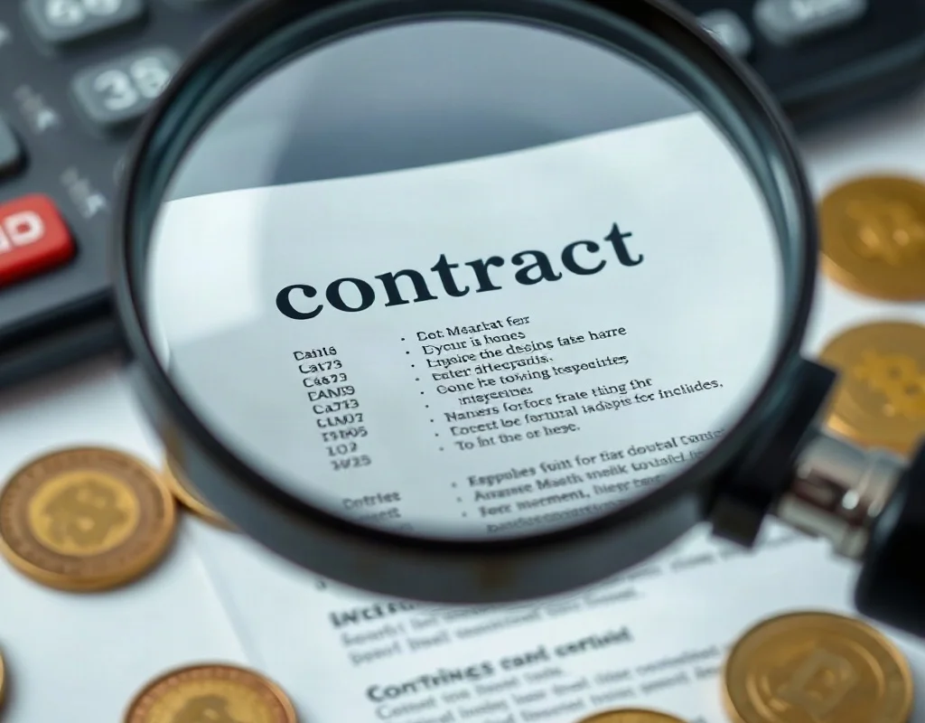 A magnifying glass over a contract with fine print, coins and calculator in the background