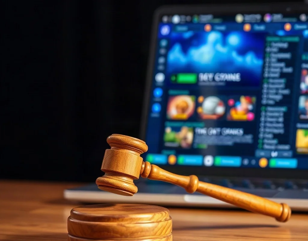Gavel on desk with laptop depicting online gaming, representing Pakistan's gaming laws.