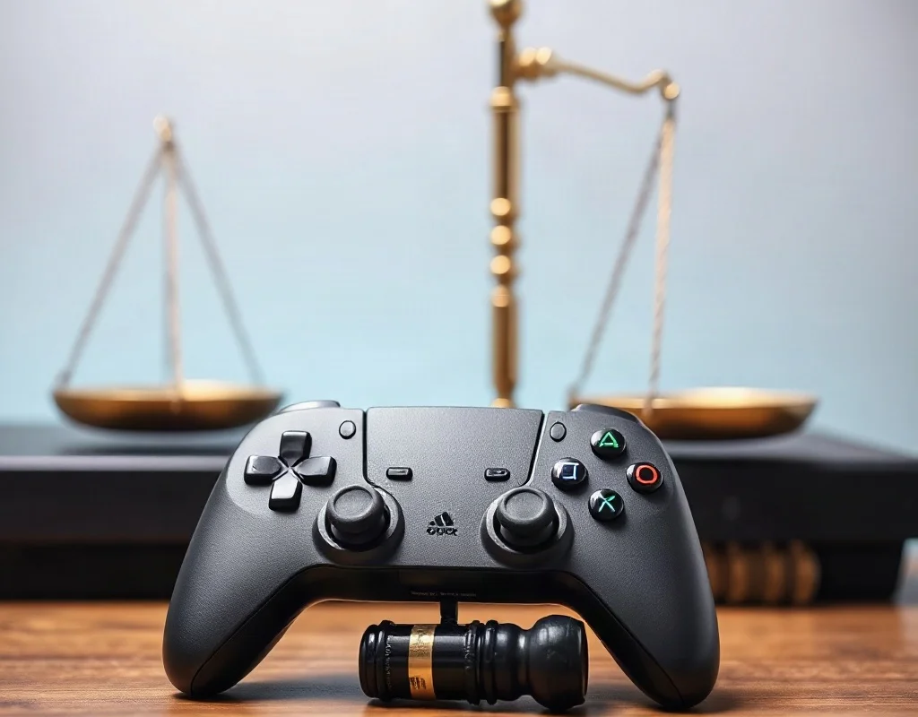 Controller with scales of justice, symbolizing the difference between skill-based and chance games.