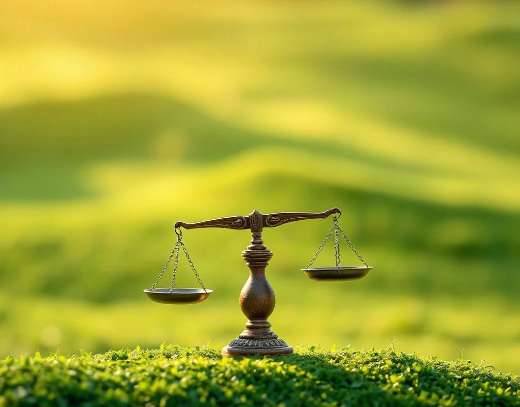Balanced scale on a serene landscape symbolizing responsible gaming