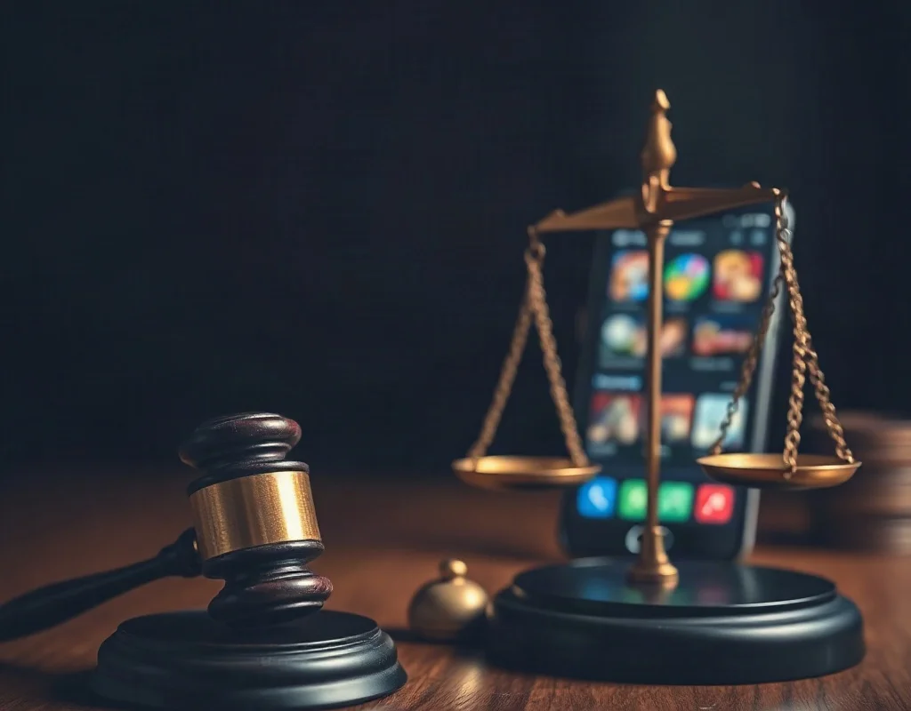 Gavel and scales of justice next to a smartphone in dark setting, symbolizing legal implications of online gambling apps in Pakistan