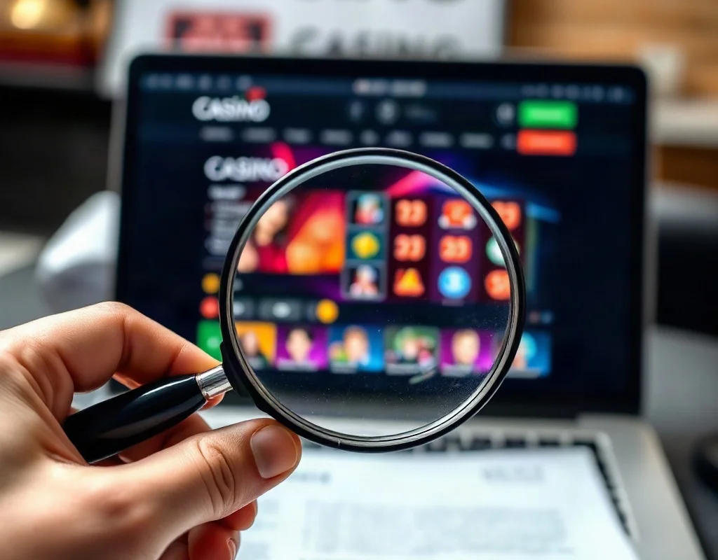Magnifying glass over documents with online casino on laptop screen, reflecting licensing inspection