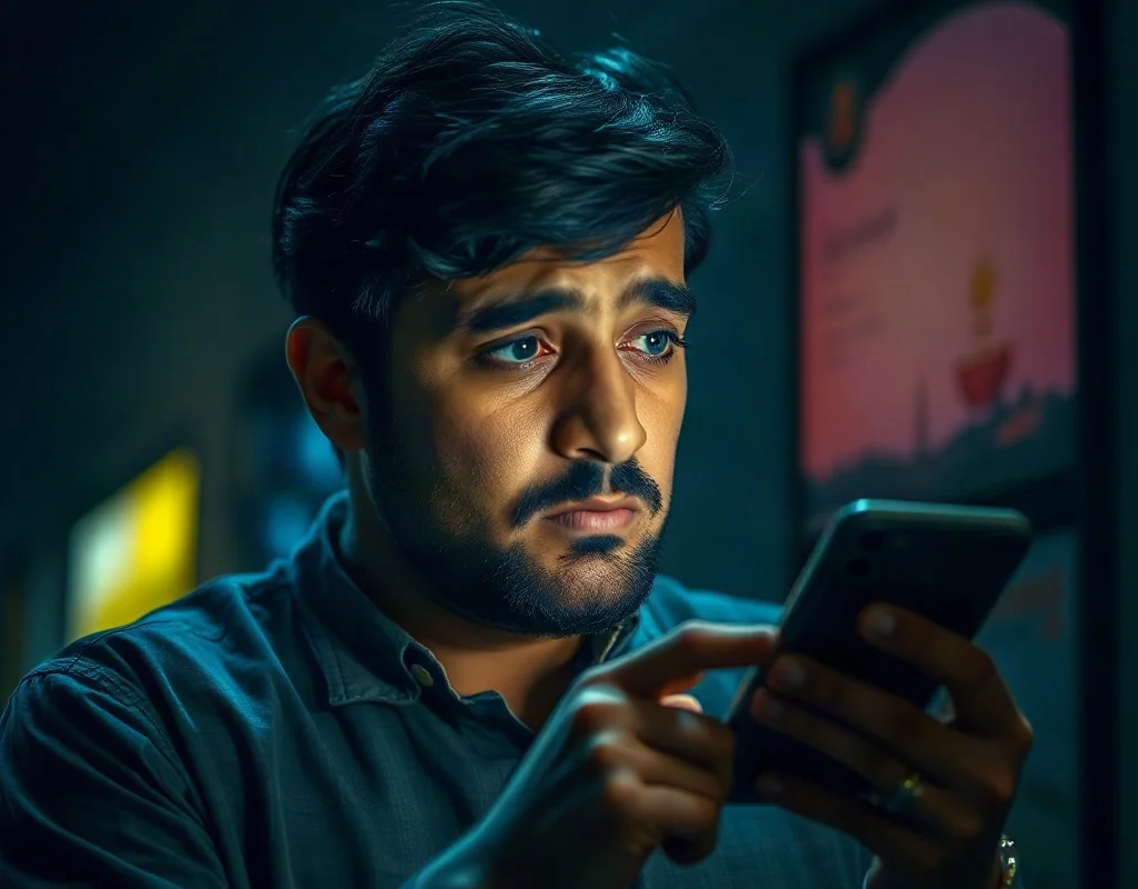 Anxious Pakistani man checking his bank account on his phone due to online financial risks