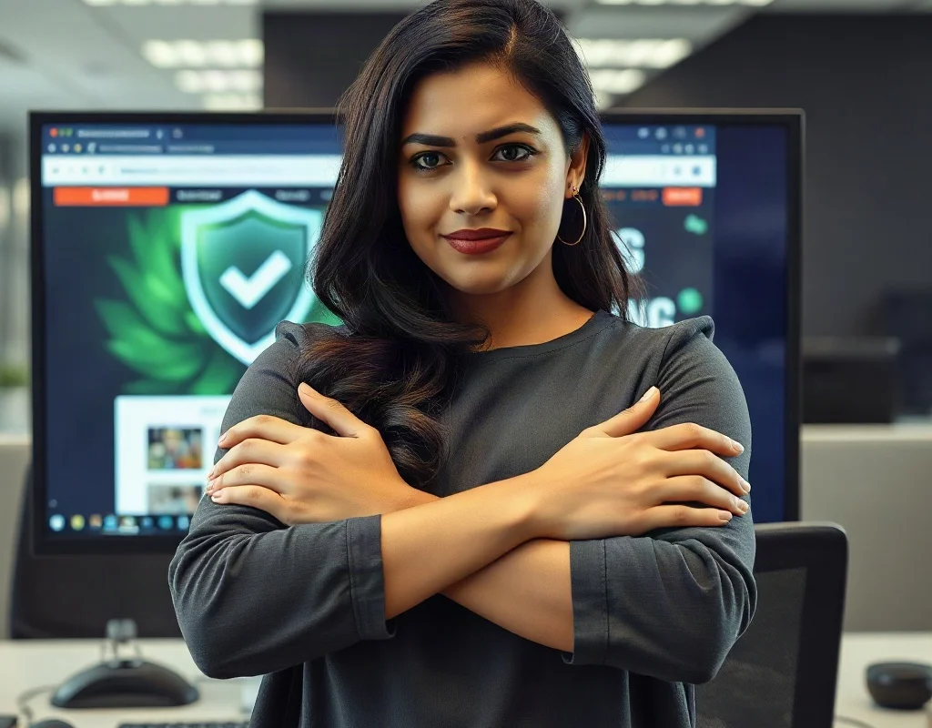 Pakistani woman rejecting an online gambling website, with security shield symbolizing blocked access
