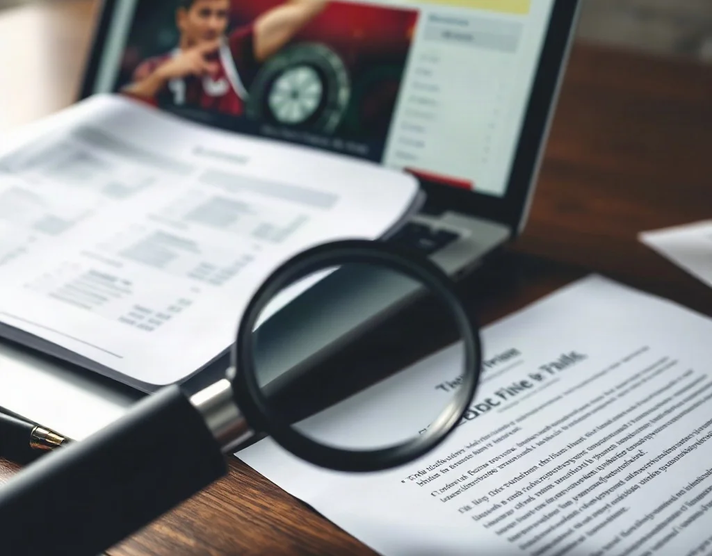 A close-up of a magnifying glass inspecting legal fine print documents on a desk with a laptop showing a betting site