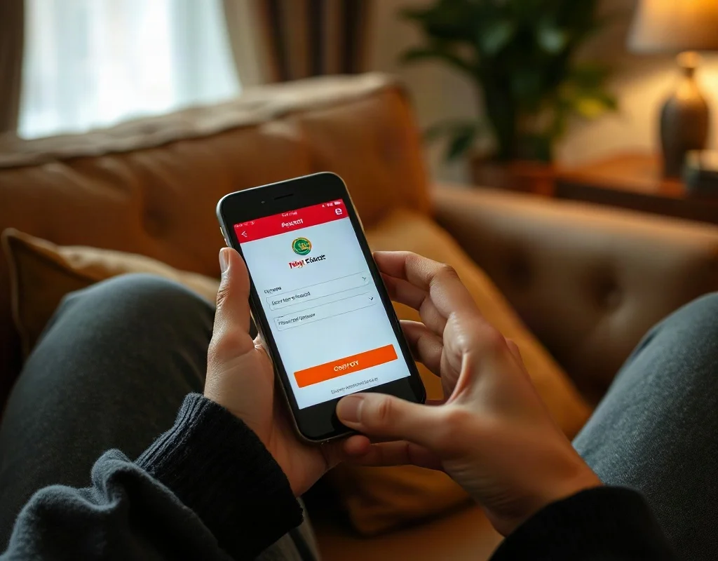 A person in Pakistan holding a smartphone showing a payment confirmation screen while sitting on a sofa at home