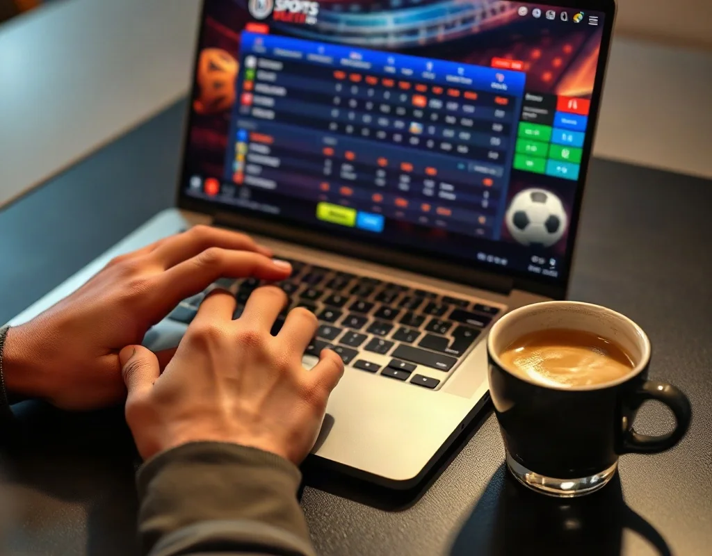A gamer's hands on a laptop keyboard with a sports betting interface on screen and a cup of chai nearby