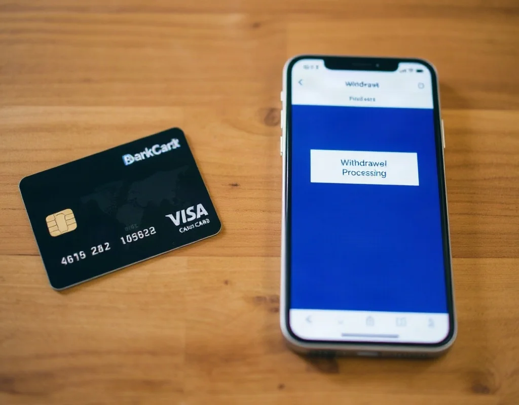 A bank card and a smartphone showing a withdrawal processing screen with a notification icon on a wooden table