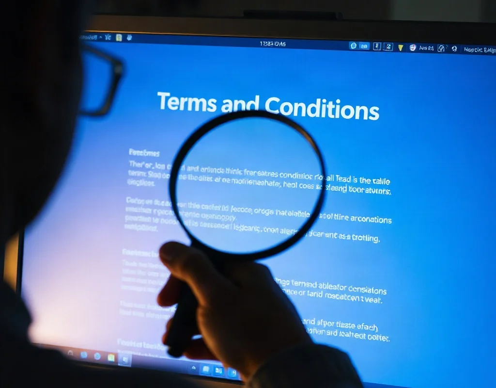 A person reading terms and conditions on a glowing computer monitor with a magnifying glass over the screen