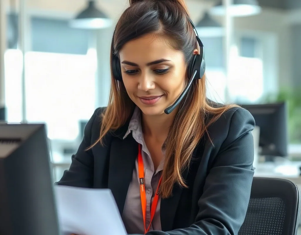A customer support agent wearing a headset typing on a computer in a professional office environment