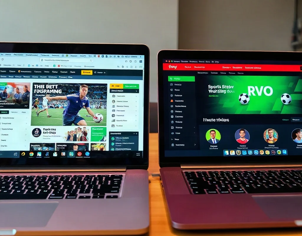 Two laptops side by side displaying different sports betting websites for comparison on a modern desk
