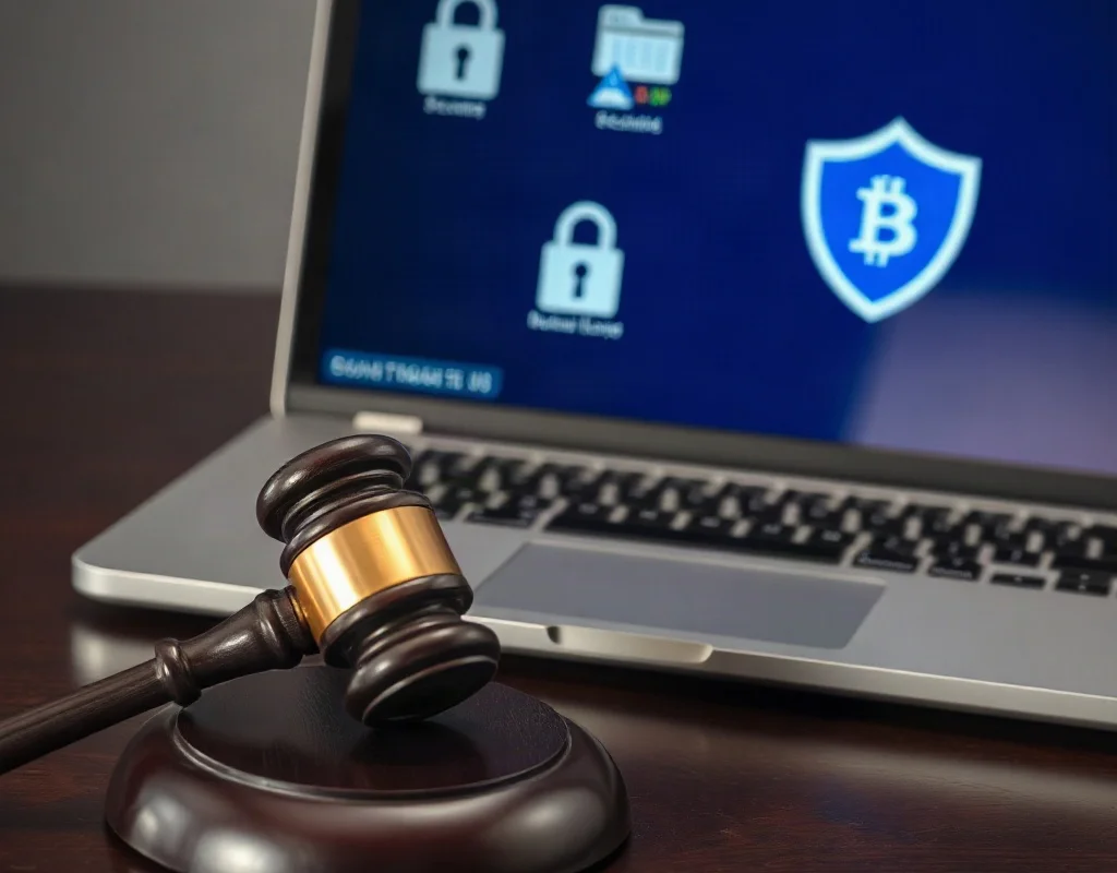 A judge's gavel resting on a table next to an open laptop displaying security icons and a shield emblem