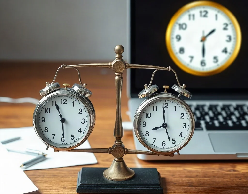 Balanced scale and laptop with clock emphasizing responsible gaming.