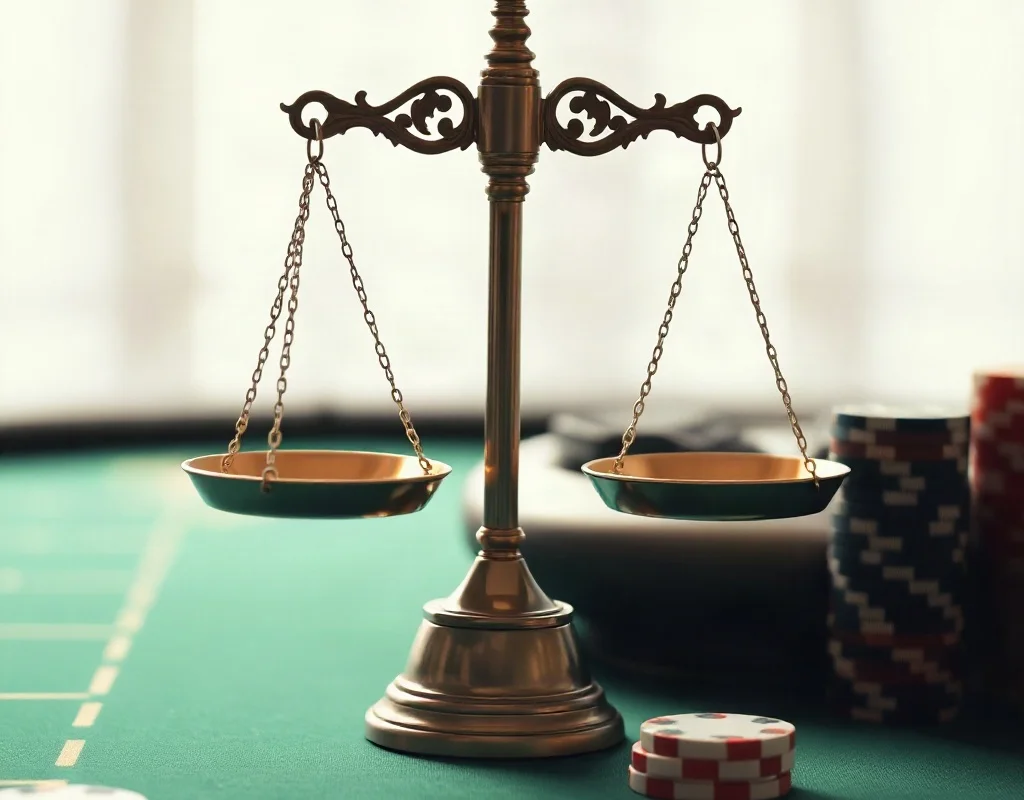 Scale of justice over a poker table